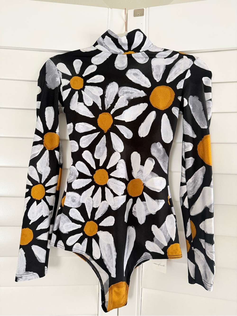 Black Floral Daisy Turtleneck swimsuit with Mustard Centers